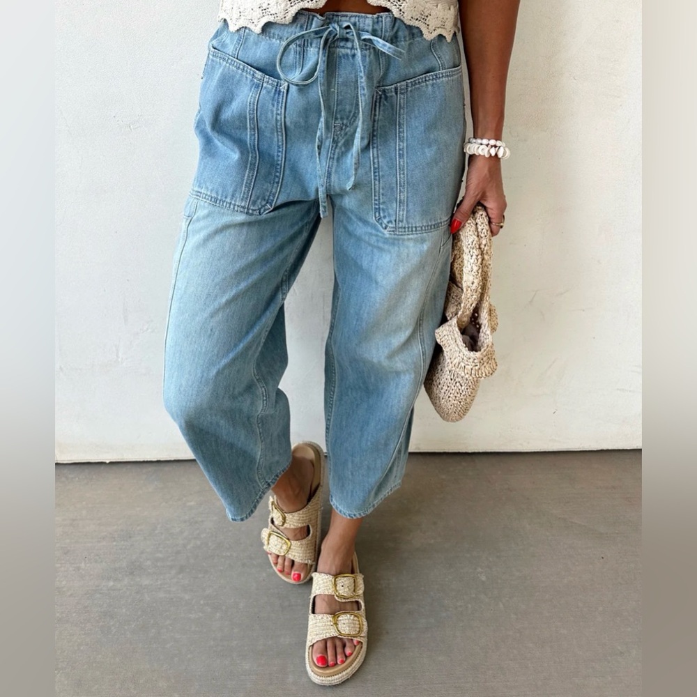 New Ee:some Small Light Wash Wide Leg Elastic Back Pull On Crop Pants PK11401CC